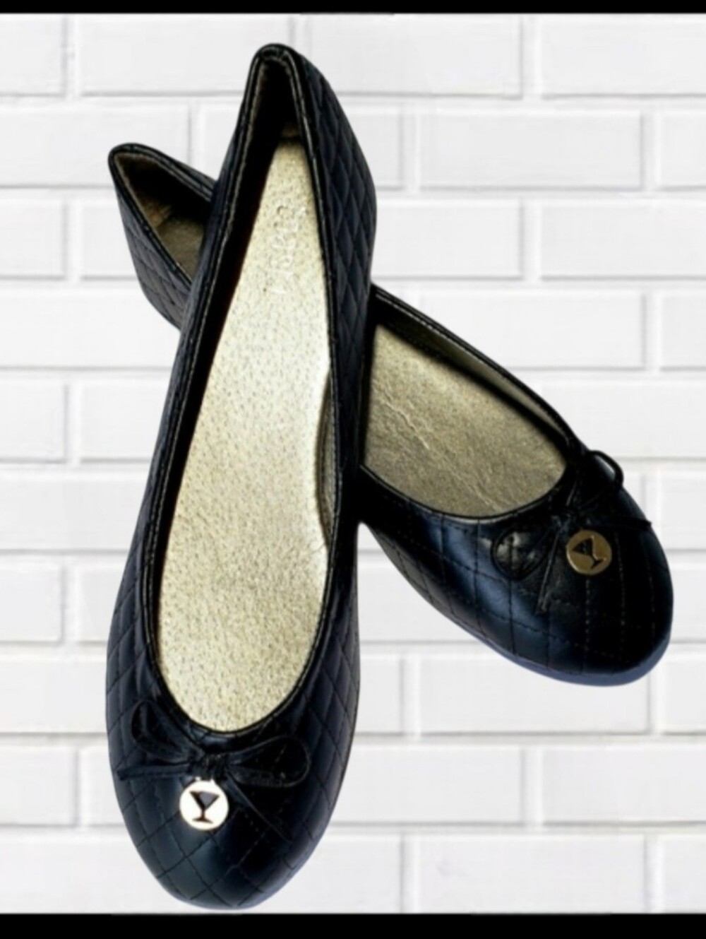 *TOAST! Black Quilted Ballet Flats Gold Champagne Glass Charm Size 8 NIB